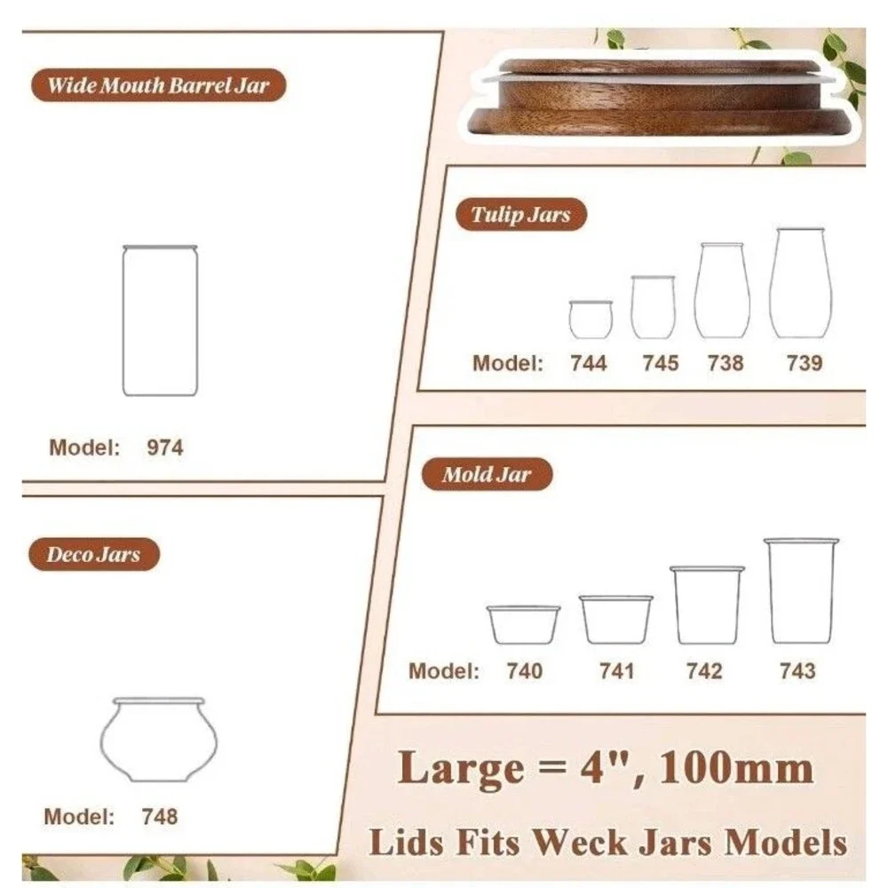 2 Pack Wooden Jar Lids with Silicone Seal Round Replacement Bamboo Style New